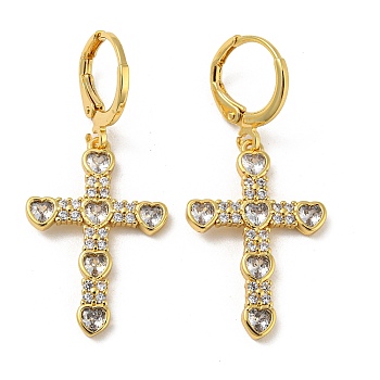 Cross Real 18K Gold Plated Brass Dangle Leverback Earrings, with Glass, Clear, 39x17.5mm