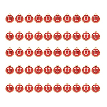 Golden Plated Alloy Charms, with Enamel, Enamelled Sequins, Flat Round, Red, Letter.U, 14x12x2mm, Hole: 1.5mm, 50pcs/Box