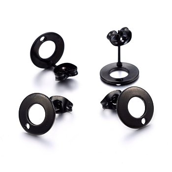 304 Stainless Steel Stud Earring Findings, with Loop & Earring Backs, Flat Round, Electrophoresis Black, 10x1mm, Hole: 1.5mm, Pin: 0.8mm