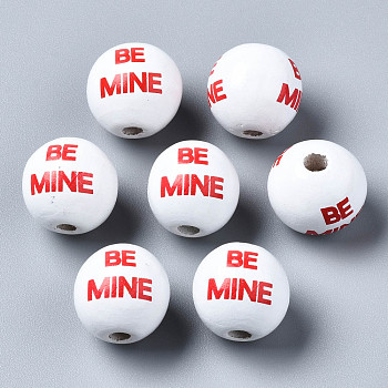 Painted Natural Wood European Beads, Large Hole Beads, Printed, Round with Be Mine, Red, 16x15mm, Hole: 4mm