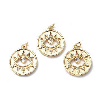 Rack Plating Brass Micro Pave Cubic Zirconia Pendants, Long-Lasting Plated, Cadmium & Lead Free, Flat Round With Eye Charm, with Jump Ring, Real 18K Gold Plated, 20.5x17.5x2mm, Hole: 3mm