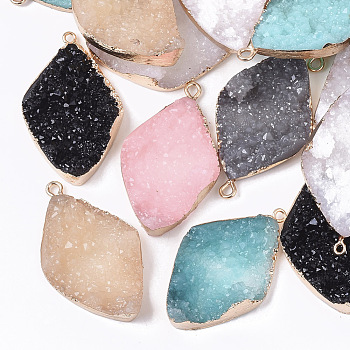 Druzy Resin Pendants, with Edge Light Gold Plated Iron Loops, Rhombus, Mixed Color, 45~47x27~28x12mm, Hole: 1.8mm