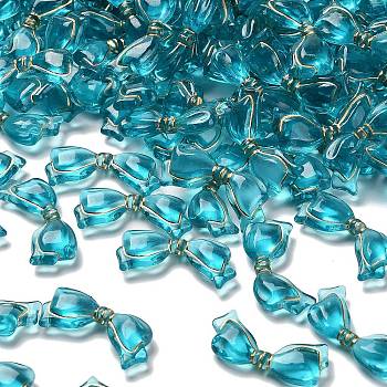Transparent Acrylic Beads, Bowknot, Golden Metal Enlaced, Dark Cyan, 13.5x29x6mm, Hole: 1.6mm