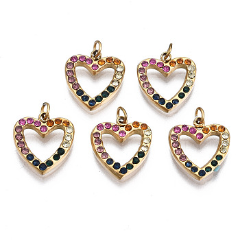 316 Surgical Stainless Steel Charms, with Jump Rings and Micro Pave Cubic Zirconia, Heart, Real 14K Gold Plated, 11.5x10x2mm, Hole: 1.6mm, Jump Ring: 3x0.5mm, 1.6mm inner diameter