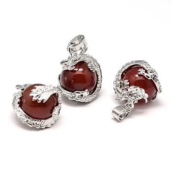 Dragon Platinum Plated Brass Natural Red Agate Pendants, Cadmium Free & Lead Free, 26~27x22x17~18.5mm, Hole: 4x8.5mm