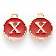 Golden Plated Alloy Enamel Charms, Cadmium Free & Lead Free, Enamelled Sequins, Flat Round, Red, Letter.X, 14x12x2mm, Hole: 1.5mm(ENAM-S118-03X)