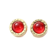 Rack Plating Alloy Resin Beads, Flat Round Beads with Word Luck, Golden, Red, 12.5x10.5mm, Hole: 1.8mm(RESI-Z027-01G-01)