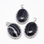 Natural Black Striped Agate/Banded Agate  Pendants, with Brass Findings, Oval, Dyed, Platinum, 30x21x10~11mm, Hole: 6x4mm(G-D851-18)
