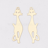 Brass Kitten Pendants, Etched Metal Embellishments, Long-Lasting Plated, Cat Silhouette Shape, Light Gold, 35.5x9x0.3mm, Hole: 1.5mm(X-KKC-S001-023KC)