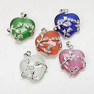 Cat Eye Pendants, with Brass Findings, Heart, Platinum Color, Mixed Color, 23x21x9mm, Hole: 5x4mm(X-CE-H006-M)