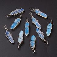 Faceted Bullet Platinum Plated Brass Opalite Double Terminated Pointed Pendants, 38~42x8~9mm, Hole: 3~6mm(G-J265-14)
