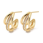 Brass Micro Pave Cubic Zirconia Moon Stud Earring, Split Earrings, Light Gold, 18x10.5mm(EJEW-B035-04KCG)