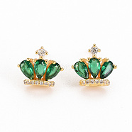 Brass Micro Pave Cubic Zirconia Stud Earrings, Nickel Free, Crown, Green, Real 18K Gold Plated, 9.5x11.5mm, Pin: 0.8mm(KK-S356-251-NF)