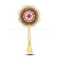 SHEGRACE Japanese Seed Beads Brooches, with Brass Findings and Tassels, Fan, Golden, 100x48mm(JBR076A)