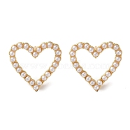 Rack Plating Brass Heart Stud Earring, with Plastic Pearl Beads, Long-Lasting Plated, Lead Free & Cadmium Free, Real 18K Gold Plated, 19x20mm(EJEW-H099-13G)