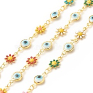 Enamel Flower and Glass Evil Eye Link Chain, with Brass Findings, Long-Lasting Plated, Soldered, with Spool, Colorful, 13x6.5x3mm, 13x7x2.5mm(CHC-E024-10G)