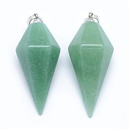 Natural Green Aventurine Pointed Pendants, with Brass Findings, Bullet, Platinum, 38.5x16x14.5mm, Hole: 5x8mm(X-KK-E757-F-02P)