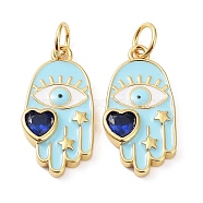 Rack Plating Brass Enamel with Glass Pendants, Lead Free & Cadmium Free, Long-Lasting Plated, Hamsa Hand with Heart Charms, Real 18K Gold Plated, 19x9.5x2.5mm, Hole: 3.5mm(KK-B076-11G)