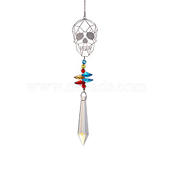 Crystal Glass Sun Catcher Pendant, Rainbow Maker, DIY Garden & Home Decoration, Skull, 385mm, Pendant: 63mm(PW-WG51014-03)