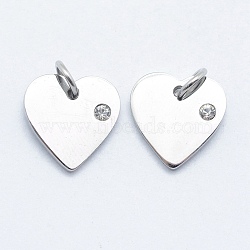 316 Surgical Stainless Steel Pendants, with Cubic Zirconia, Heart, Clear, Stainless Steel Color, 12x12x2mm, Hole: 3mm(X-STAS-K178-05P)