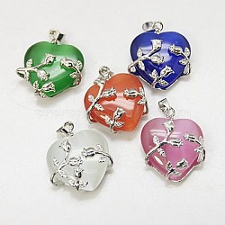 Cat Eye Pendants, with Brass Findings, Heart, Platinum Color, Mixed Color, 23x21x9mm, Hole: 5x4mm(X-CE-H006-M)