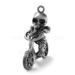 Tibetan Style Alloy Pendant, Frosted, Skeleton with Bike, Antique Silver, 45.5x42x20mm, Hole: 3mm(PALLOY-H133-44AS)