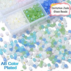 600Pcs 6 Colors Imitation Jade Electroplate Glass Beads Strands, AB Color Plated, Faceted, Bicone, Mixed Color, 4x4mm, Hole: 0.8mm, 100Pcs/color(GLAA-YW0003-30)