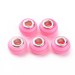 Resin European Stripe Beads, Large Hole Beads, with Silver Color Plated Brass Cores, Rondelle, Hot Pink, 14x8.5mm, Hole: 5mm(RPDL-T003-004Q)