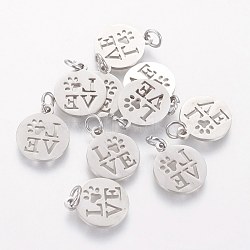 304 Stainless Steel Pendants, Flat Round with Word Love, Stainless Steel Color, 14x12x1mm, Hole: 3mm(STAS-Q201-T450S)