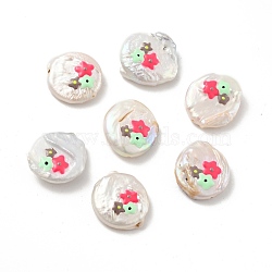 Flat Round Enamel Natural Pearl Beads, Flower Pattern, Hot Pink, 17x16x5mm, Hole: 1mm(BSHE-G028-01A)
