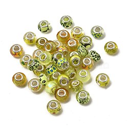 Printed Transparent Resin European Beads, Large Hole Beads, Rondelle with Silver Color Plated Brass Cores and Glitter Powder, Yellow, 14x8.5mm, Hole: 5mm(RESI-C063-03C)