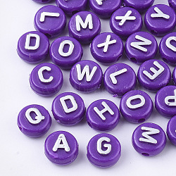 Plating Opaque Acrylic Beads, Metal Enlaced, Horizontal Hole, Flat Round with Letter, Dark Violet, 10x6mm, Hole: 1.8mm, about 1580pcs/500g(MACR-T032-02C)