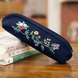 DIY Flower Pattern Cotton Pen Bags Embroidery Kit, including Embroidery Needles & Thread, Zipper, Plastic Embroidery Hoop, Prussian Blue, 230x60x80mm(SENE-PW0003-070G)