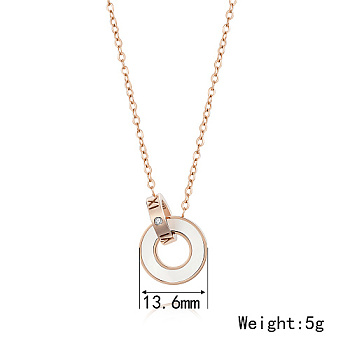 Roman Numerals Natual Shell Interlocking Rings Pendant Necklace with Stainless Steel Cable Chains, Rose Gold, Pendant: 13.6mm