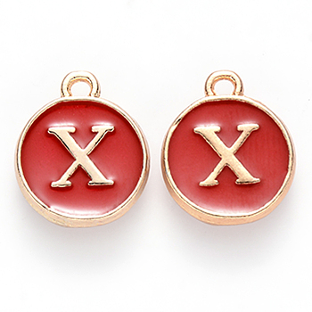 Golden Plated Alloy Enamel Charms, Cadmium Free & Lead Free, Enamelled Sequins, Flat Round, Red, Letter.X, 14x12x2mm, Hole: 1.5mm