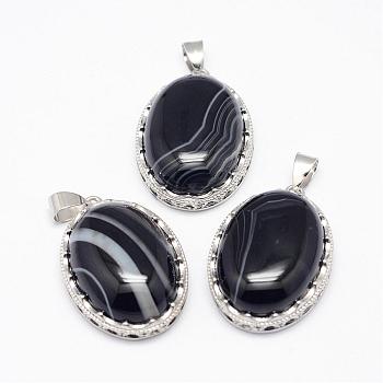 Natural Black Striped Agate/Banded Agate  Pendants, with Brass Findings, Oval, Dyed, Platinum, 30x21x10~11mm, Hole: 6x4mm