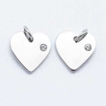 316 Surgical Stainless Steel Pendants, with Cubic Zirconia, Heart, Clear, Stainless Steel Color, 12x12x2mm, Hole: 3mm