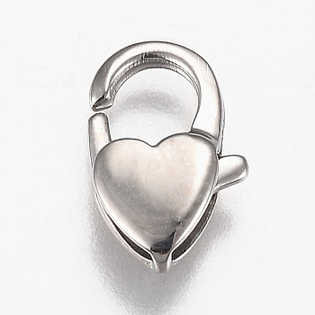 Polished 316 Surgical Stainless Steel Lobster Claw Clasps, Heart, Stainless Steel Color, 12x7.5x3mm, Hole: 1.2mm