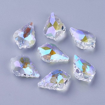 Faceted Glass Pendants, Leaf, Clear AB, 22x15.5x8.5mm, Hole: 1mm