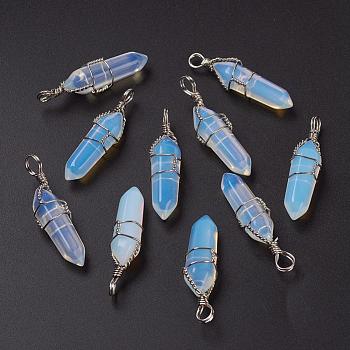 Faceted Bullet Platinum Plated Brass Opalite Double Terminated Pointed Pendants, 38~42x8~9mm, Hole: 3~6mm