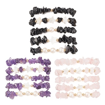 5Pcs 5 Style Natural Mixed Gemstone Chips Stretch Bracelets Set, Natural Shell Star Stackable Bracelets, Inner Diameter: 2-1/8 inch(5.3cm), 1Pc/style