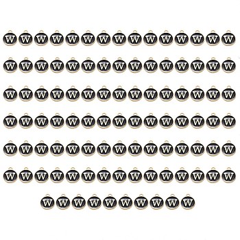 Golden Plated Enamel Alloy Charms, Enamelled Sequins, Flat Round, Black, Letter.W, 14x12x2mm, Hole: 1.5mm, 100pcs/Box