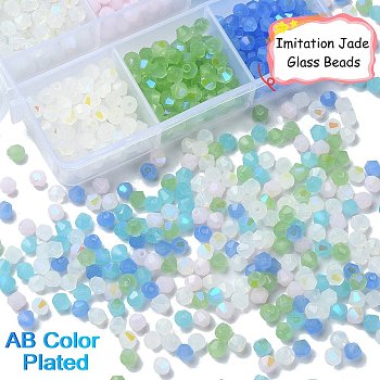 600Pcs 6 Colors Imitation Jade Electroplate Glass Beads Strands, AB Color Plated, Faceted, Bicone, Mixed Color, 4x4mm, Hole: 0.8mm, 100Pcs/color