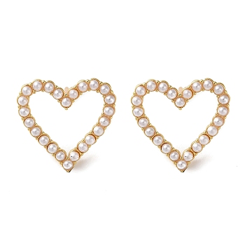 Rack Plating Brass Heart Stud Earring, with Plastic Pearl Beads, Long-Lasting Plated, Lead Free & Cadmium Free, Real 18K Gold Plated, 19x20mm