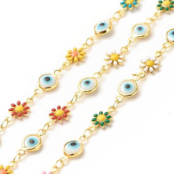 Enamel Flower and Glass Evil Eye Link Chain, with Brass Findings, Long-Lasting Plated, Soldered, with Spool, Colorful, 13x6.5x3mm, 13x7x2.5mm
