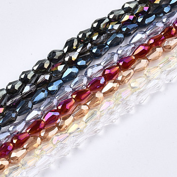 Electroplate Glass Beads Strands, AB Color Plated, Faceted Teardrop, Mixed Color, 4x3mm, Hole: 0.7mm, about 98~99pcs/strand, 16.54~16.92 inch(42~43cm)