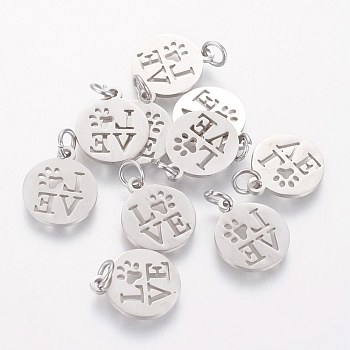 304 Stainless Steel Pendants, Flat Round with Word Love, Stainless Steel Color, 14x12x1mm, Hole: 3mm