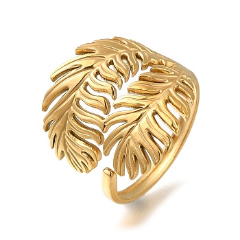 Feather 304 Stainless Steel Open Cuff Ring for Women, Real 18K Gold Plated, US Size 8 1/2(18.5mm)