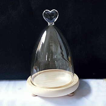 Glass Dome Cover, Decorative Display Case, Cloche Bell Jar Terrarium with Wood Base, Heart, 13.5x21~24cm