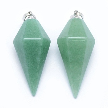 Natural Green Aventurine Pointed Pendants, with Brass Findings, Bullet, Platinum, 38.5x16x14.5mm, Hole: 5x8mm
